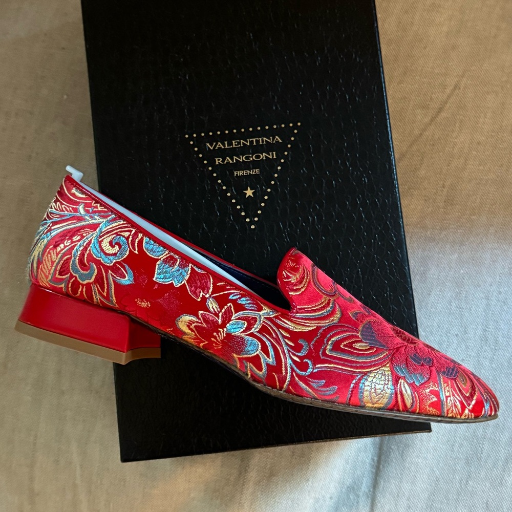 Valentina Rangoni NIB Embroidered LUXE Satin Slippers Amalfi Loafers 6B Flats - Picture 2 of 11